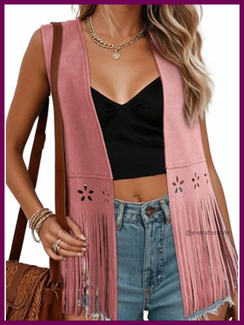 Faux Suede Fringe Vest Sleeveless Hollow Out Tassel Western Cowgirl Outerwear